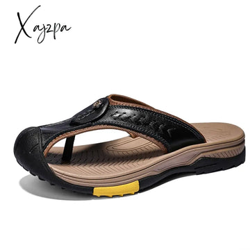 Xajzpa - Slippers Genuine Leather Men’s Flip Flops Summer Beach Casual Shoes For Men Claquettes